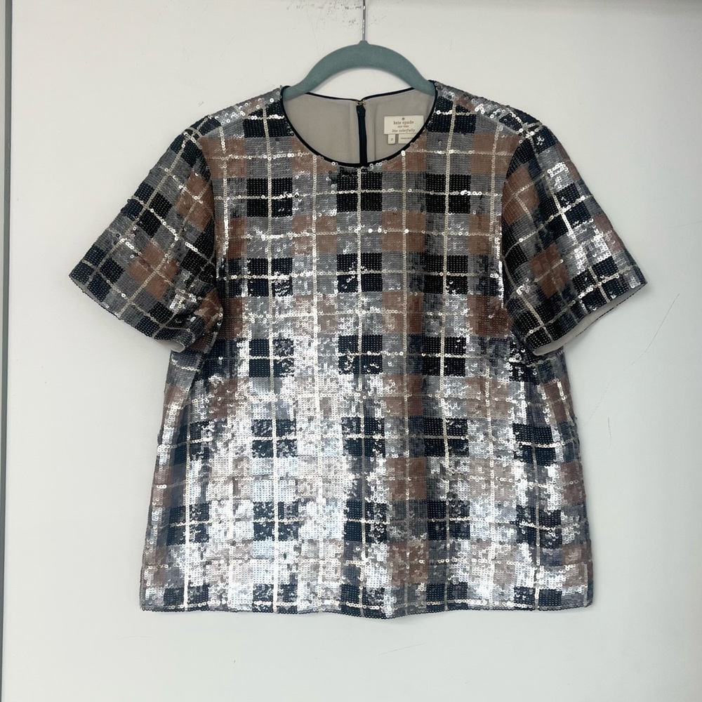 Kate Spade Sequin Plaid Boxy Short Sleeve Top